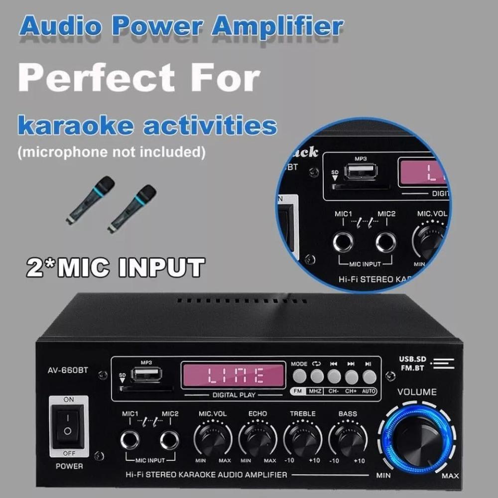 1200W stereo amplifier, Bluetooth 5.0 power amplifier, dual-channel stereo receiver, mixer with 5-band equalizer, USB/SD input