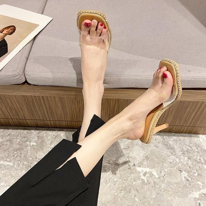 

Fashion Transparent strap stiletto slippers summer new square head open toe non-slip wear-resistant high heels 39