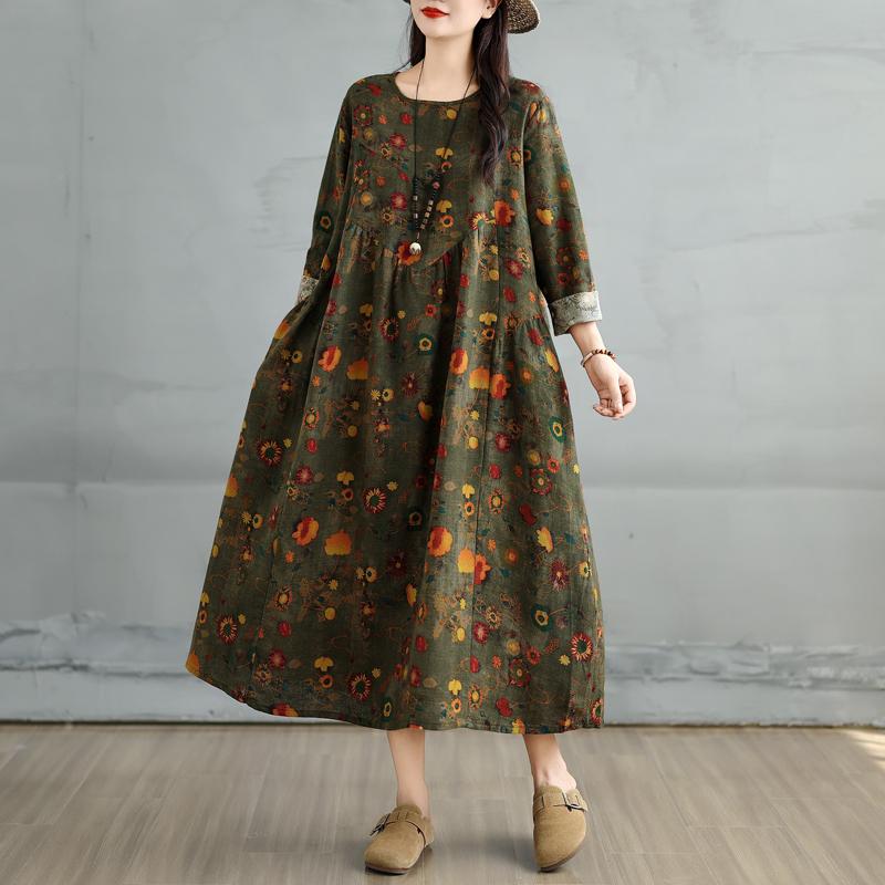 Dimanaf 2025 Women Plus Size Spring Long Dress Loose Basic Printing Vintage Casual Floral Oversize Long Sleeve Maxi