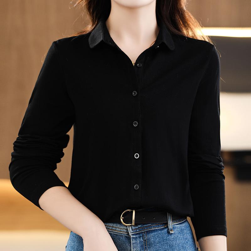 

Polo Neck French Loose Cotton Shirt Versatile Long Sleeve Bottom Shirt Top XXXL чёрный