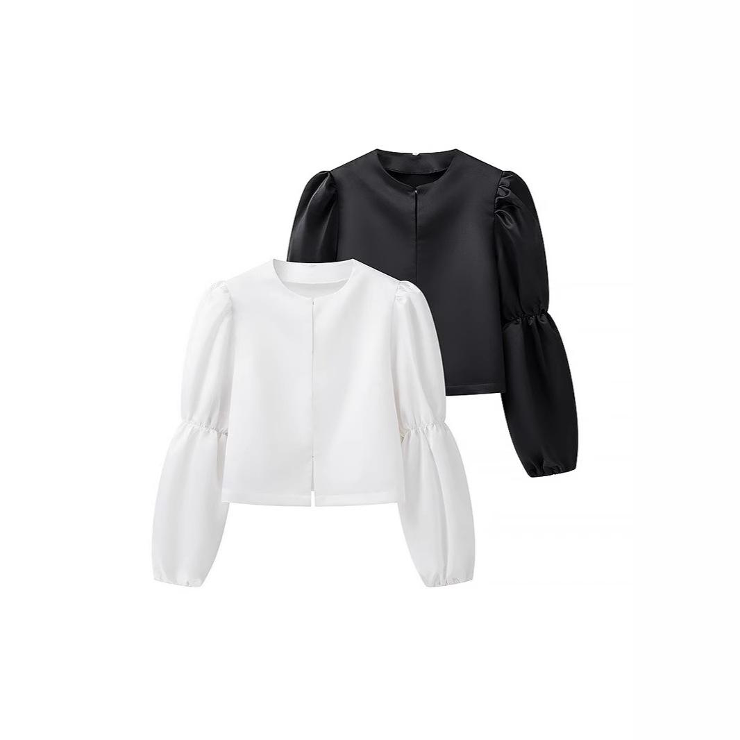 

2025 Spring Round Neck Puff Sleeve Snap Closure Top Large белый