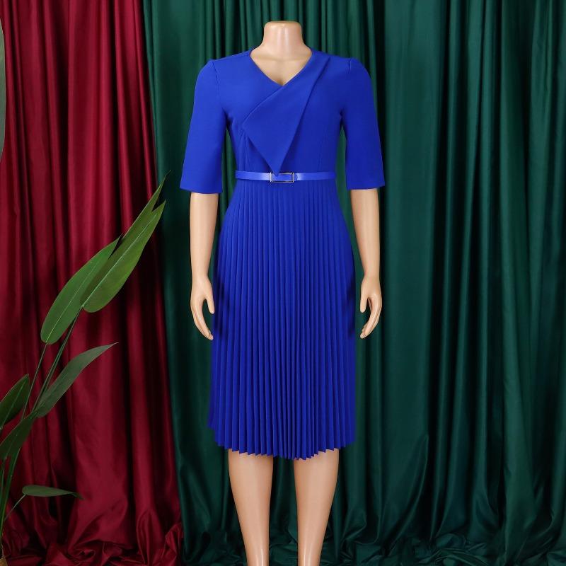 Women Solid Color V Neck Pleated High Waist A Line Mid Length Dress With Belt