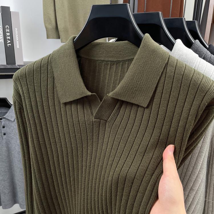 

2025 Men s Solid Long Sleeve Knitted Sweater: High-End Business Casual Lapel T-shirt for Spring & Autumn 4XL