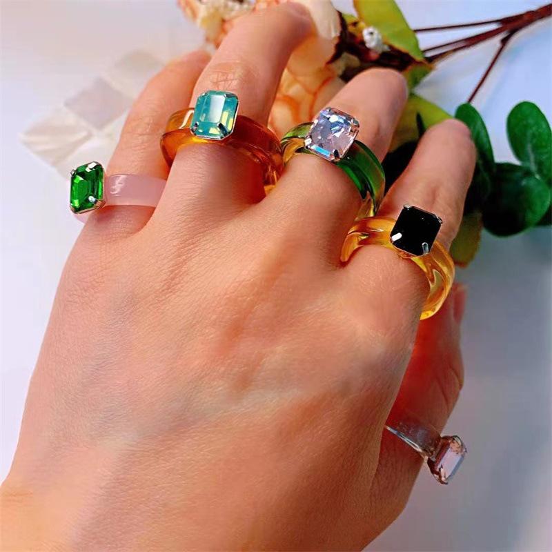 New Fashion Colorful Acrylic Rhinestone Resin Rings For Women Girls Korean Transparent Geometric Square Round Rings Jewelry 2026