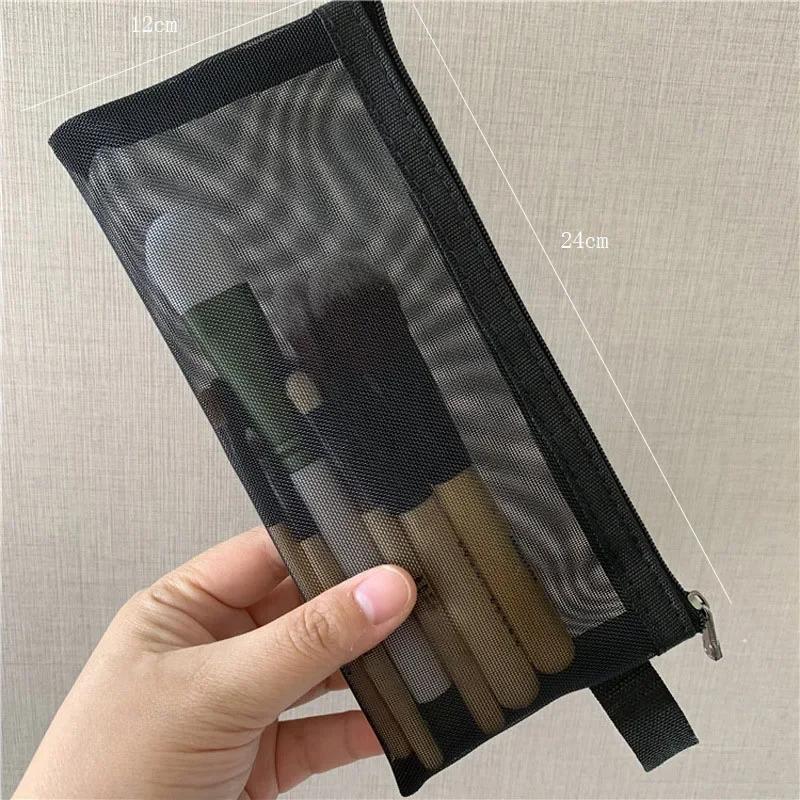 Black Women Transparent Mesh Cosmetic Storage Bag Clear Zipper Pencil Case Nylon Makeup Pouch Portable Travel Toiletries Handbag