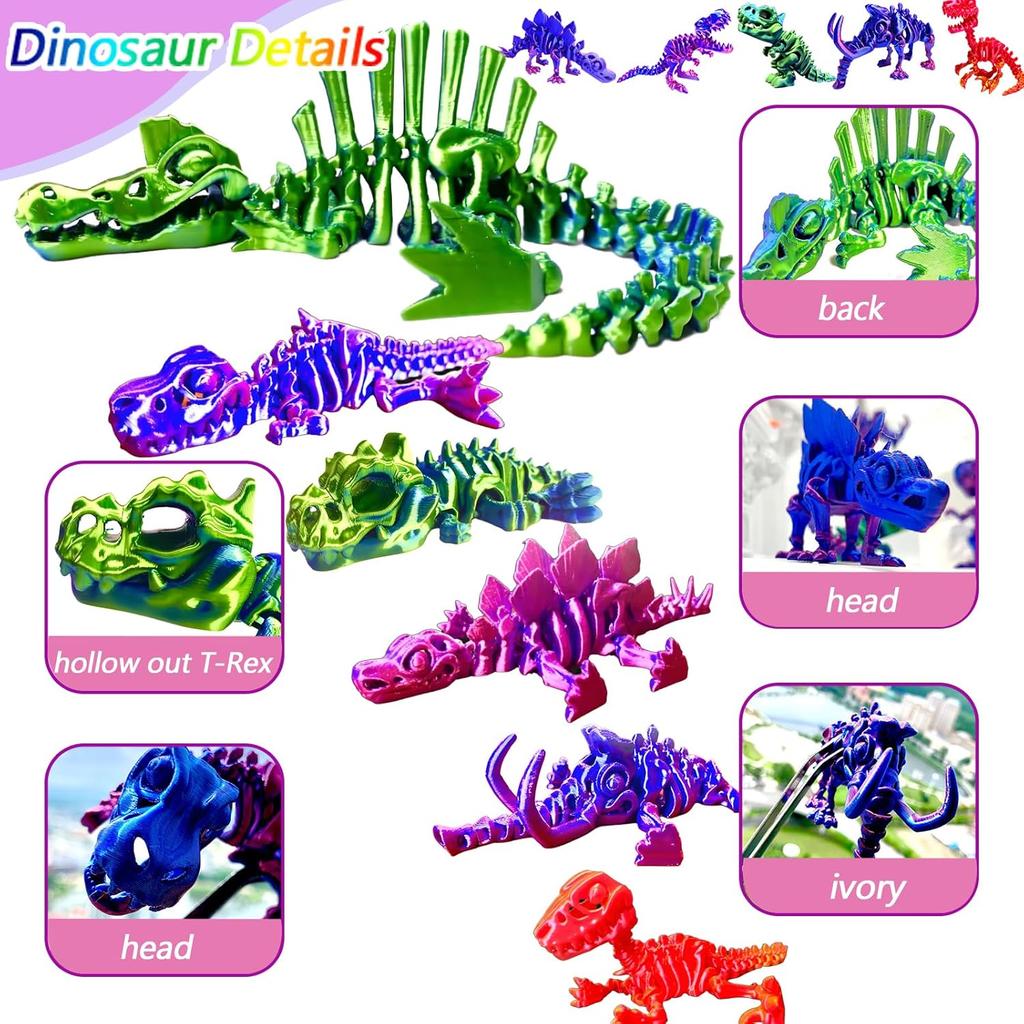 6pcs 3D Printed Dinosaur Skeletons, T-Rex Triceratops Spinosaurus Fidget Toys,3D Printed Dragon Animals Toys,Dragon Fidget Toy Kids Girl,Dinosaur