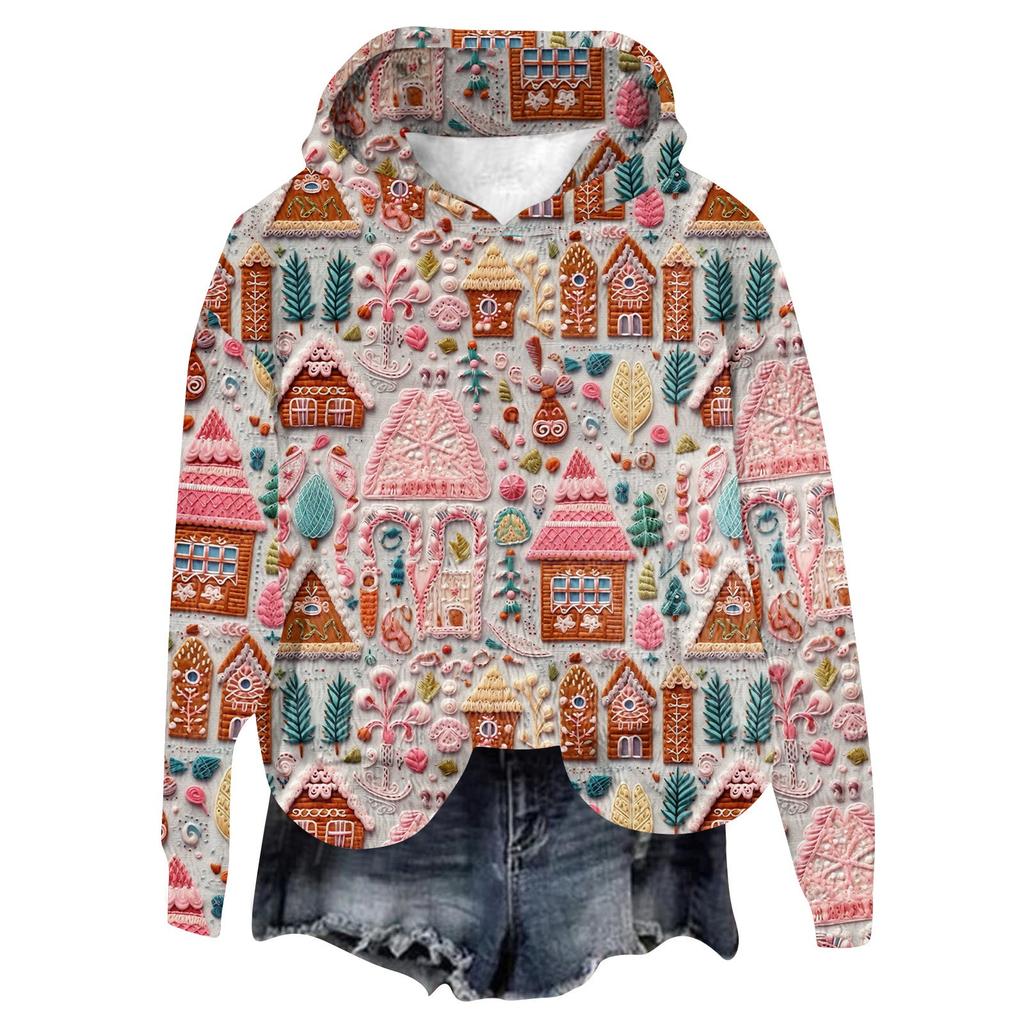 Dames hettegenser langermet juleprintet flanelltopp hettegenser