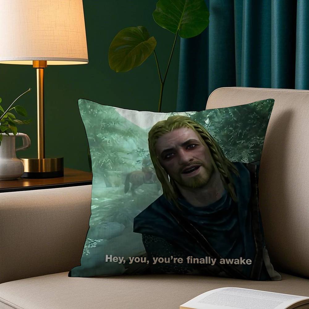 Hey Du Du bist endlich aufgewacht Skyrim Meme Kissenbezug Gemütlicher Plüsch-Kissenbezug Beidseitig bedruckt – Wohngeschenk für Schlafzimmerdeko