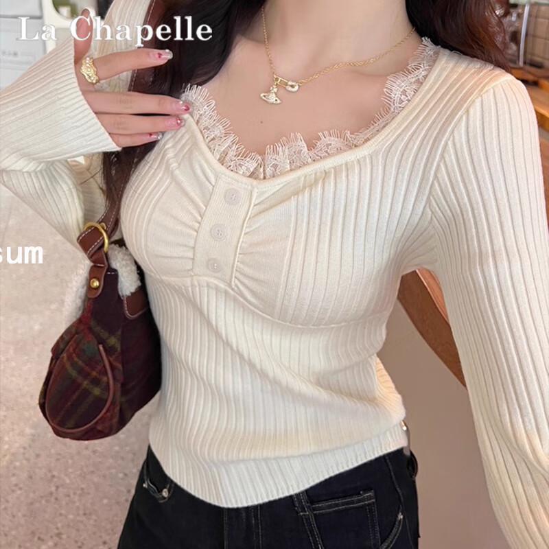 La Chapelle Damen Strick V-Ausschnitt Basisschicht Top mit Spitzenbesatz