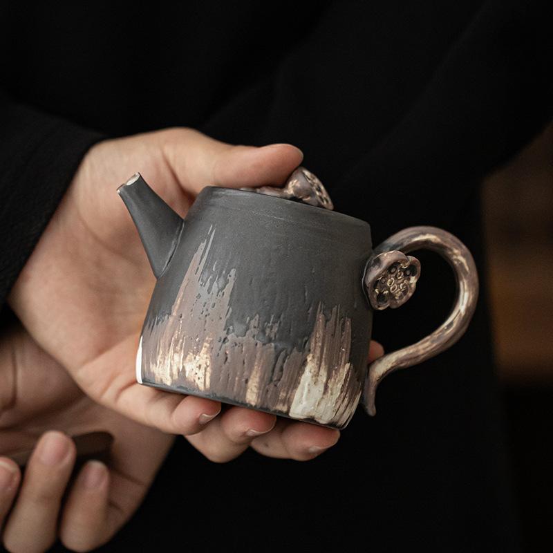 Japanese-style Wind Lotus Embossed Teapot Home Ceramic Retro Kung Fu Tea Set Zen Handmade Teapot Single Pot Hand-held Pot