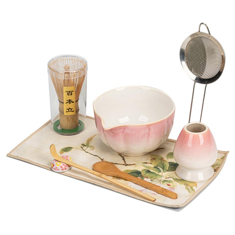 

A96I-Bamboo Whisk Tea Scoop With 8Pc Cherry Blossom Pink Matcha Bowl Set Master Cup 100-Prong Song Dynasty-Inspired Tea Kit