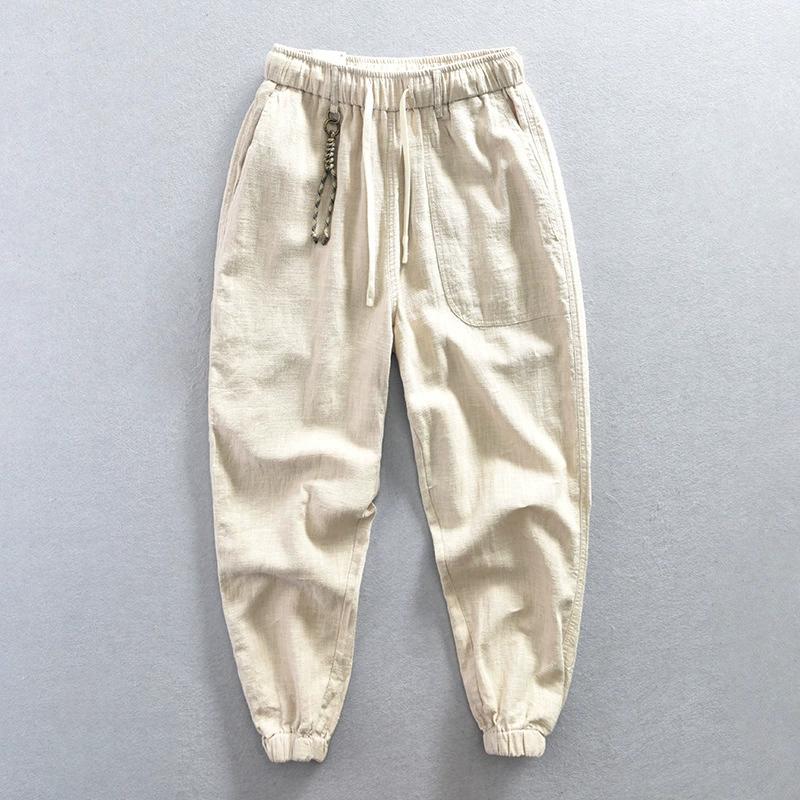 Men's Summer Thin Section of Solid Color Cotton and Linen Casual Pants Youth Loose Non-elastic Mid-waist Pants