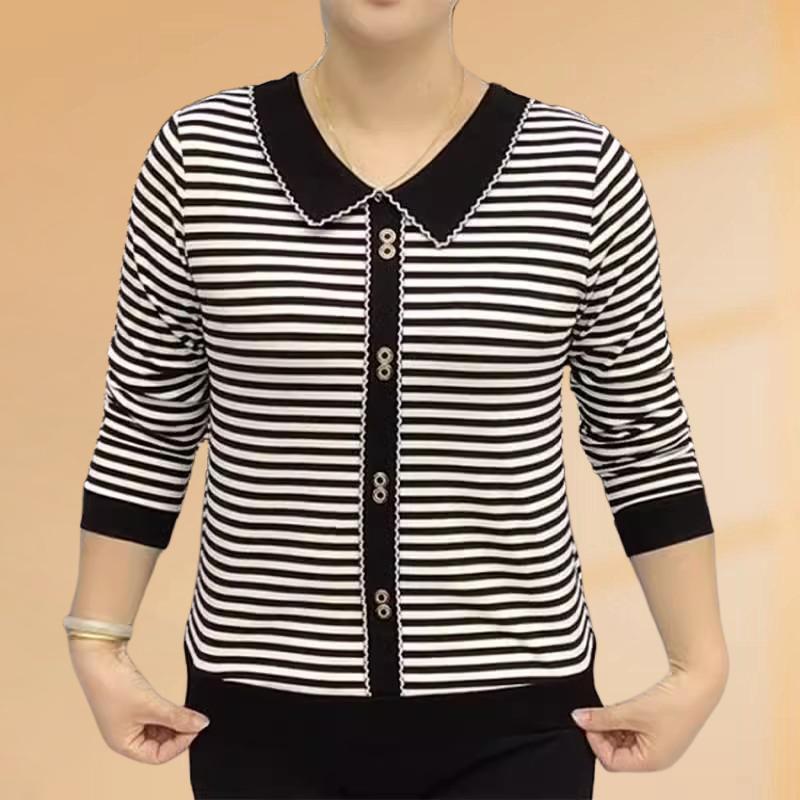 

Новый весенне-осенний топ с лацканами и полосками, с длинными рукавами, женский, модный, омолаживающий, большого размера, повседневный, наряд для мам среднего и пожилого возраста 4XL белый