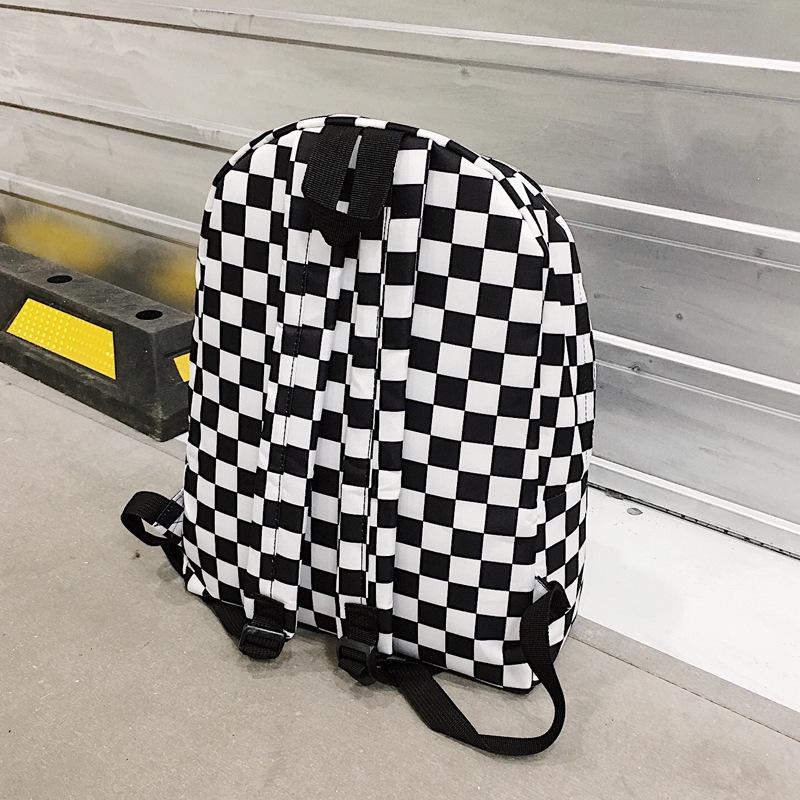 2018 Black & White Checkered Nylon Backpack – Casual Outdoor Women's Student Bookbag