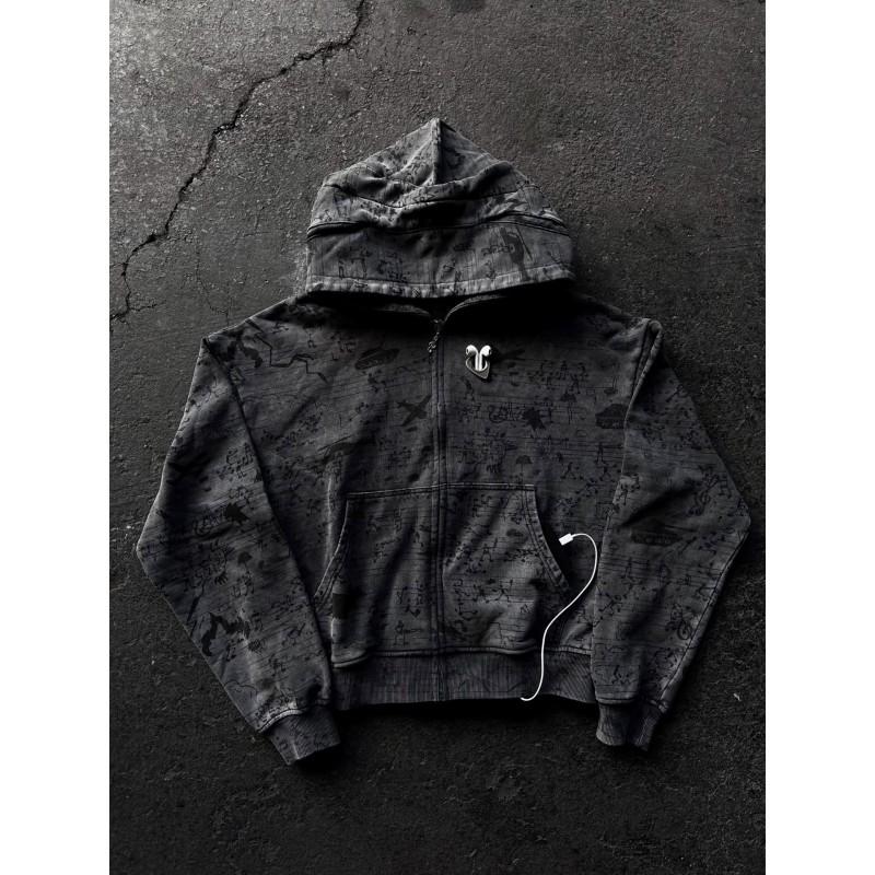 Y2K Hip Hop Hoodie With Zipper Front Print Design Long Sleeve Streetwear Teens Young Adults