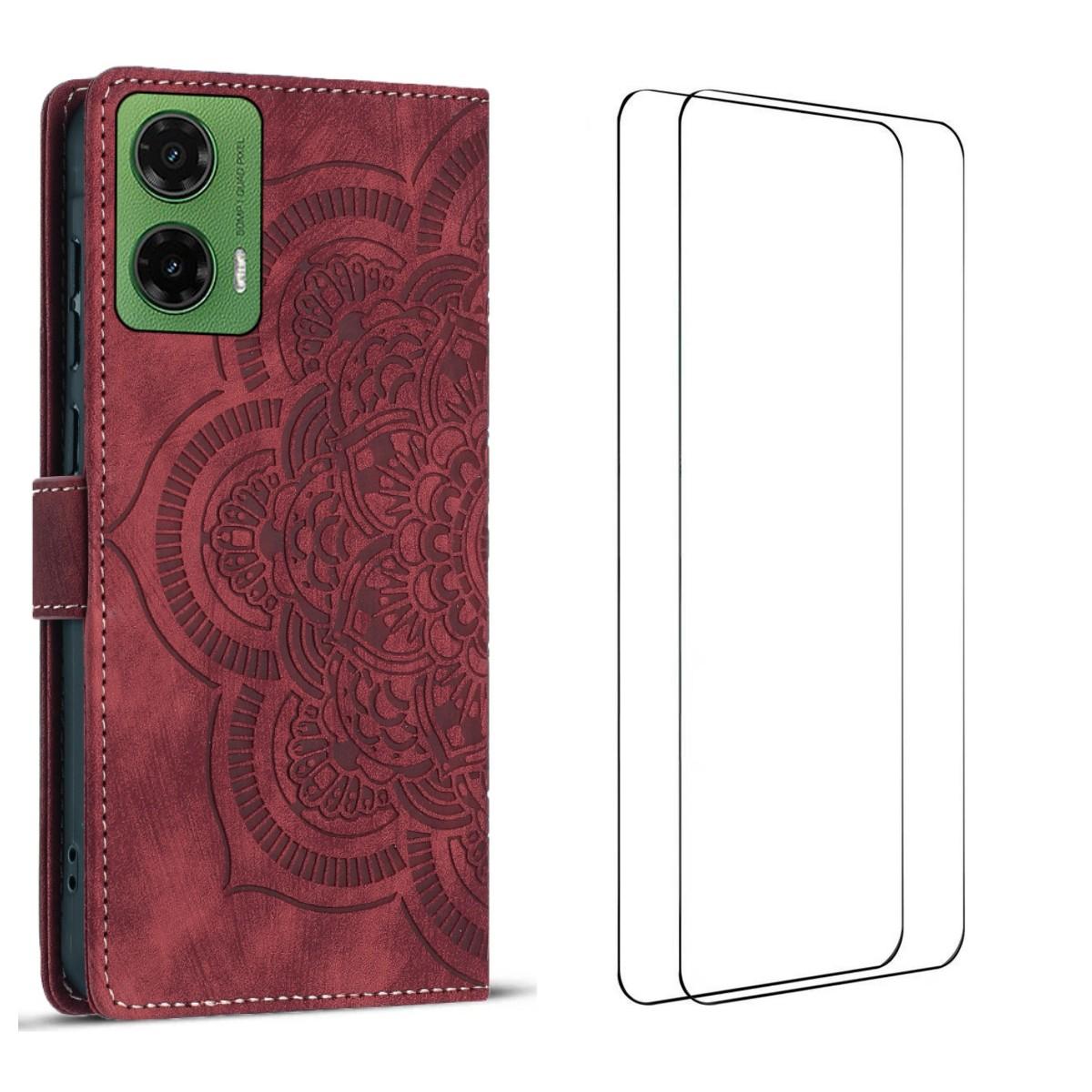 

For Motorola Moto G35 5G Case with 2Pcs Tempered Glass WANLONFENG MTL Series Mandala Leather Phone Cover Red