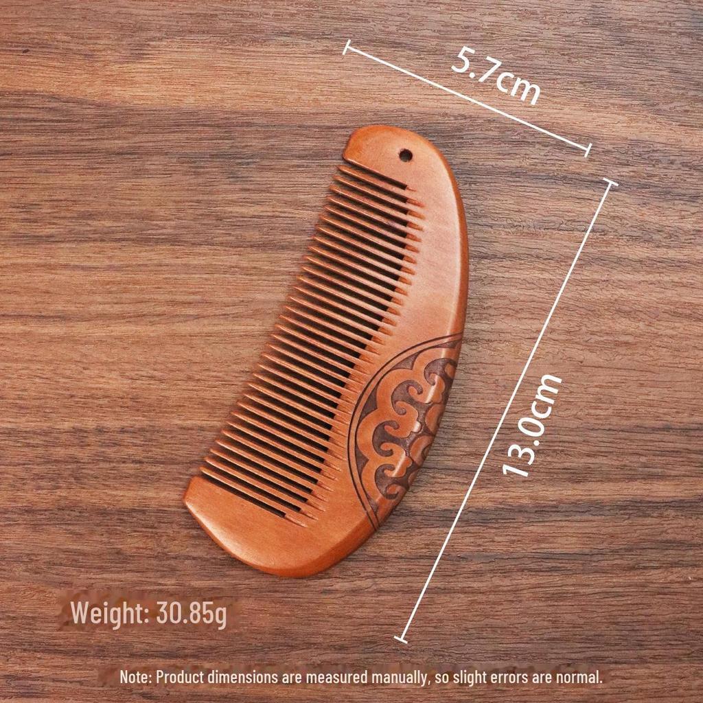 Double-Sided Carved Peach Wood Comb - Dense Teeth, Compact Size, Premium Solid Wood for Hairdressing.
