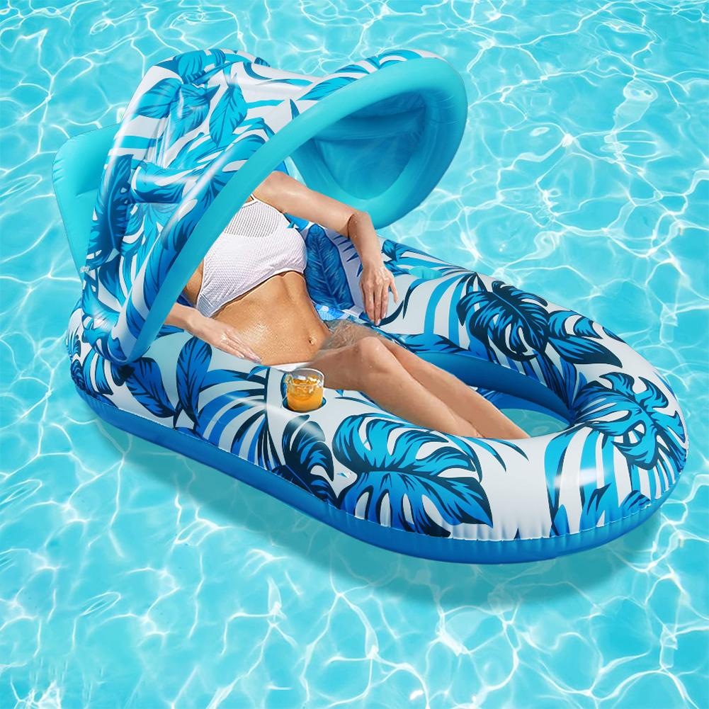 Inflatable Floating Bed with Sunshade Inflatable Water Sleeping Bed PVC Floating Lounger Air Mattress Outdoor Swimming