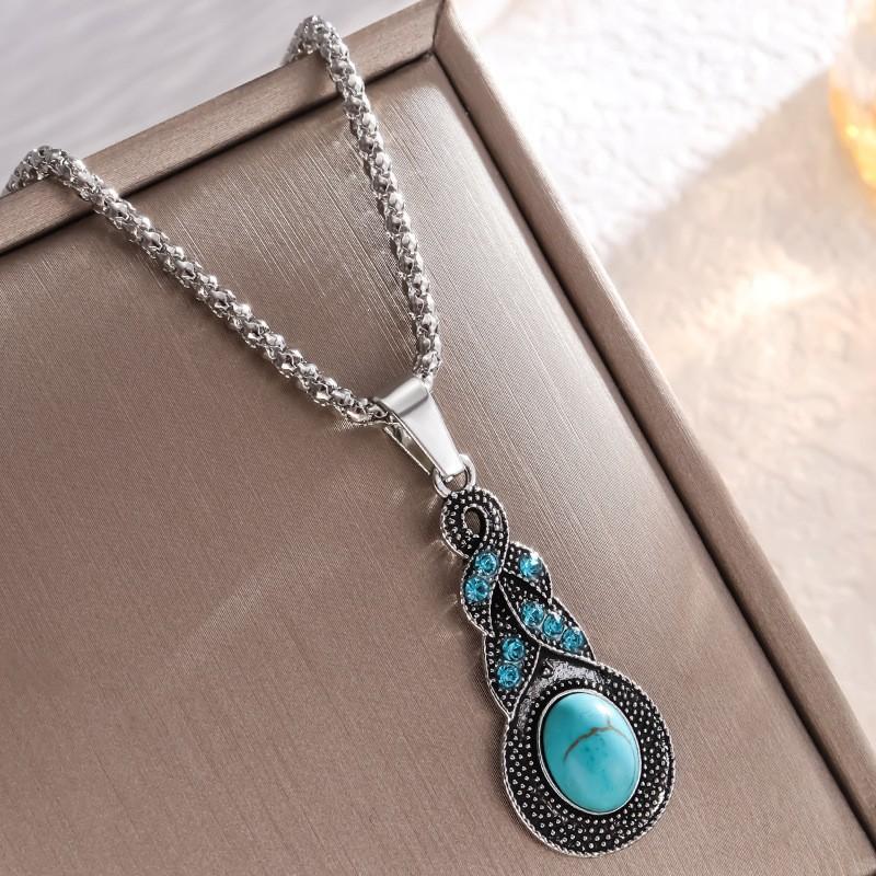 New Fashion Retro Pattern Blue Crystal Inlaid Turquoise Earrings Pendant Bohemian Pendant Earrings