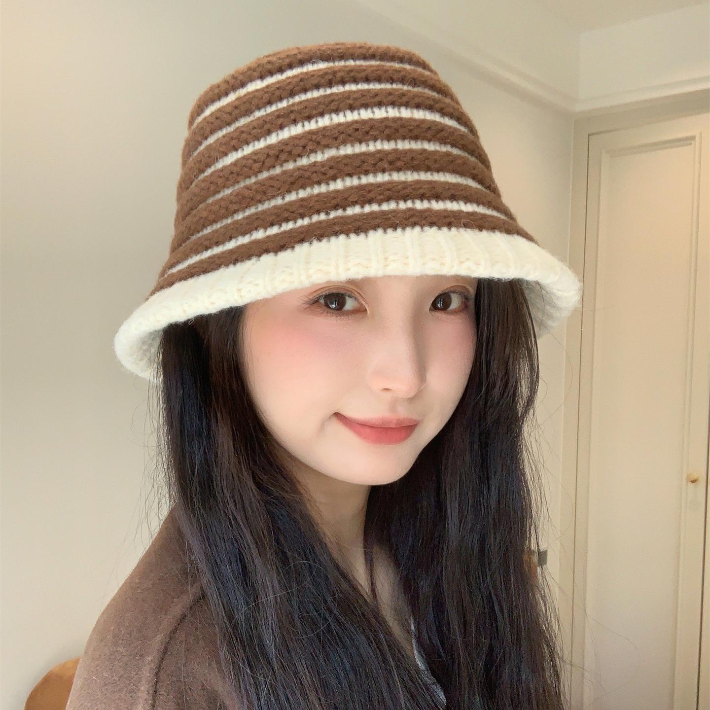 

Милая вязаная полосатая панама женская новая осенне-зимняя шерстяная шляпа-ведро one size