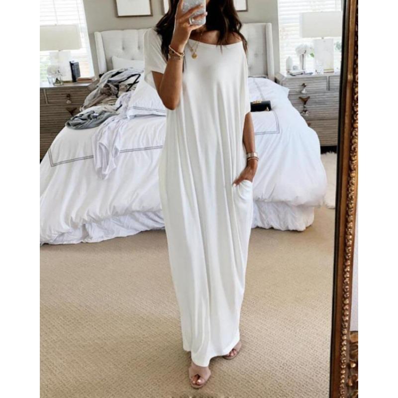 Popular European and American summer new women's clothing solid color short-sleeved long casual dress