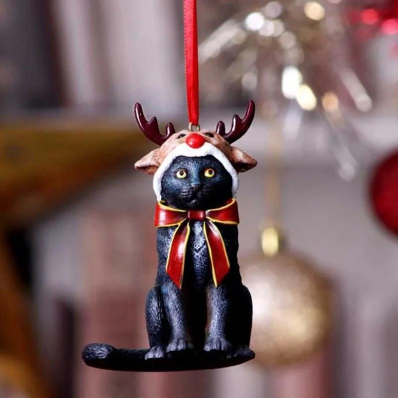 Christmas Cat Sculpture Pendant Christmas Resin Craft Figurines Hanging Decorations for Desktop Xmas Tree Holiday Party Home
