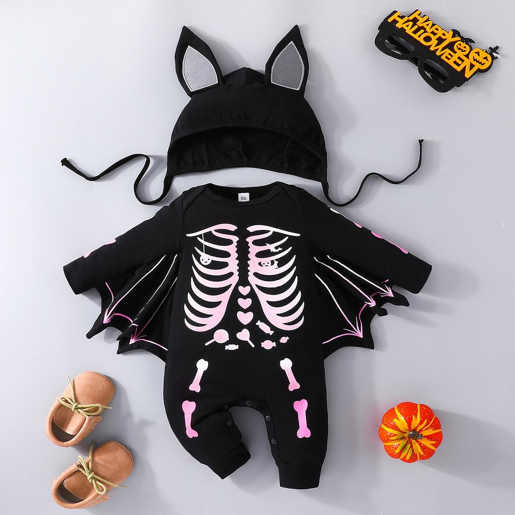 Spring and Autumn New Baby Halloween Bat Round Neck Long Sleeve Jumpsuit
