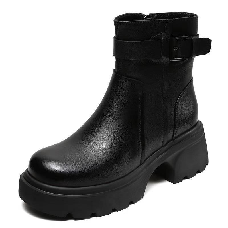 2025 Women's Genuine Leather Martin Boots - Warm, Thickened, Single Cotton Boots for Spring, Autumn, and Winter.