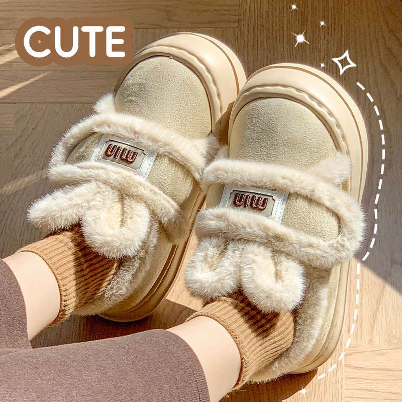 2025 Winter New Plush Rabbit Ears Velcro Shoes Bag Root Home Casual Slippers Cotton Mop