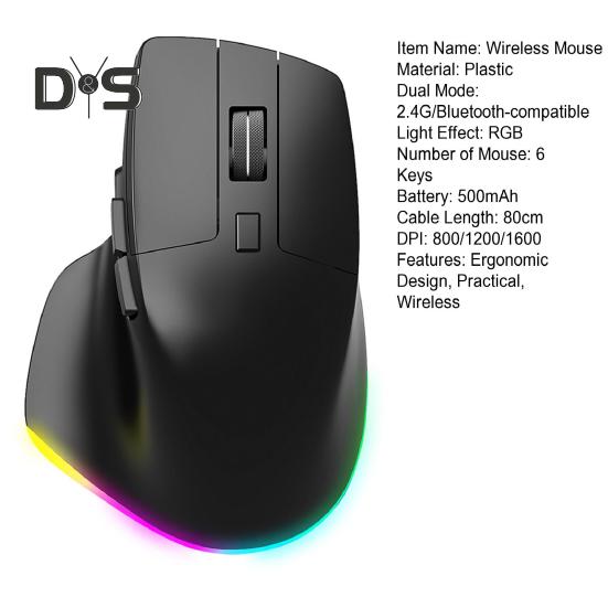 Wireless Mouse with RGB Lighting Modes Adjustable DPI Ergonomic Design 2.4GHz/Bluetooth-compatible Laptop Mouse