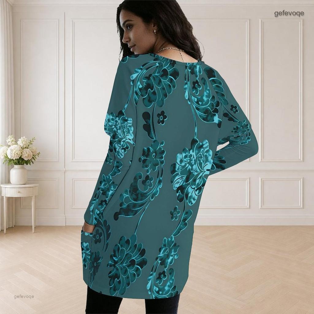 Women Plus Size Round Neck Long Sleeve White Blue Butterfly Print Loose Longline Top With Pockets
