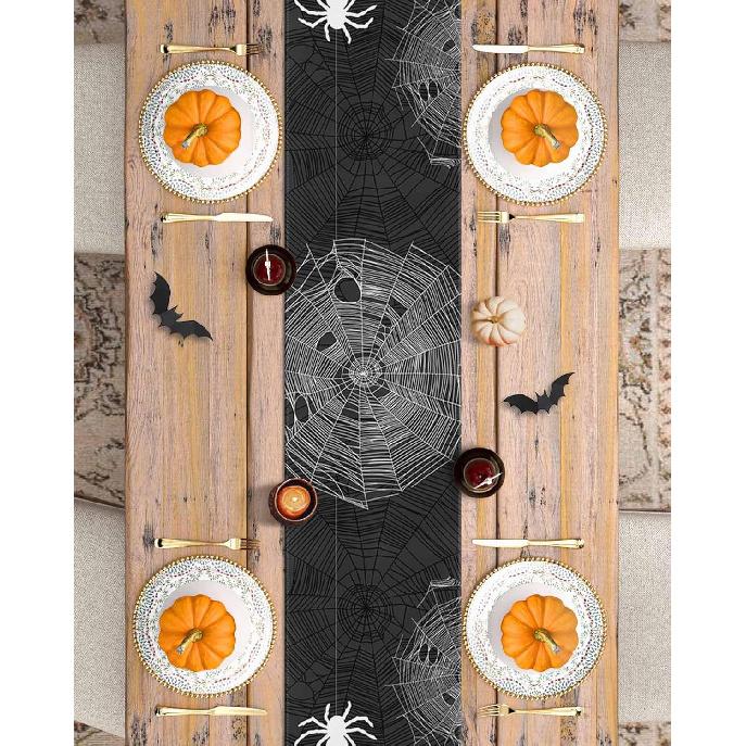 Halloween Linen Table Runner,Spiders Spiderweb Texture Dresser Scarf Kitchen Dinning Tabletop Covers Decor for Indoor Outdoor Party Holiday Wedding
