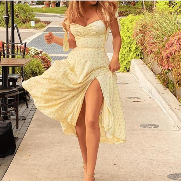 New Women Fashion Europe America Style V Neck Lace Floral Backless Split Dress Female Suspender Bottoming