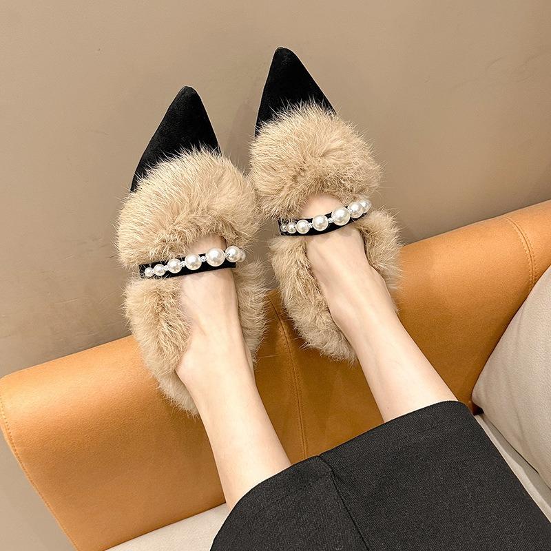 Pointed thick heel fluffy shoes women's autumn and winter new versatile velvet outer wear Doudou shoes single shoes