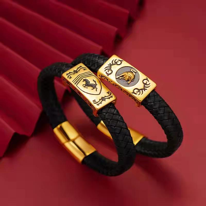 Ox-Themed Leather Cord Bracelet: Vietnamese Sand Gold Ethnic Style for Men's Fashion - Instant Success Charms