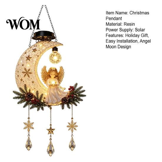 Christmas Outdoor Hanging Decor Solar Angel Moon Light, Lantern with Warm Glow, Resin Energy Saving Garden Lights Yard Decoration for Porch Tree, Faux