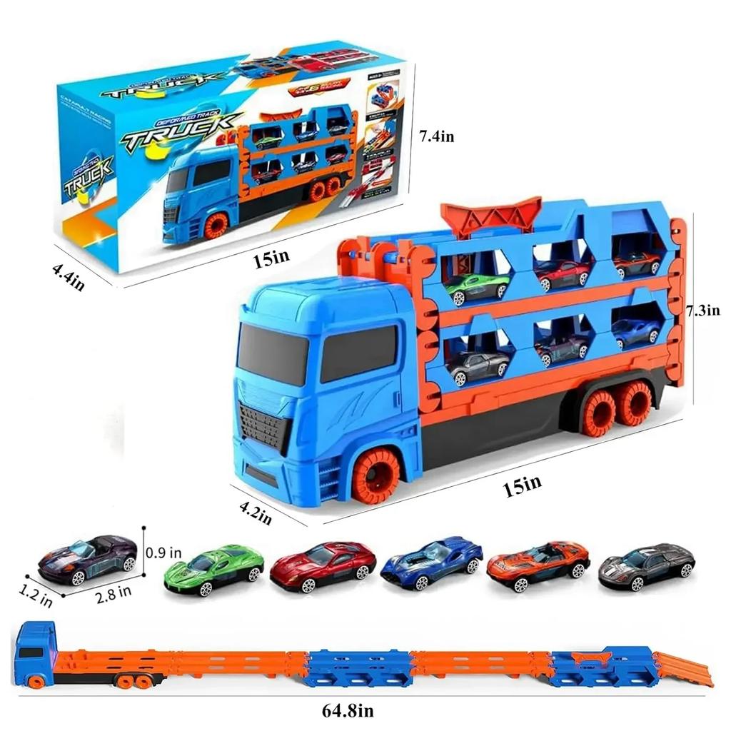 Transport Truck Toy 65-Inch Foldable Toddler Car Carrier for Boy Girl 9 in 1 Race Track and Die-Cast Truck Race Car Gift Vehicle