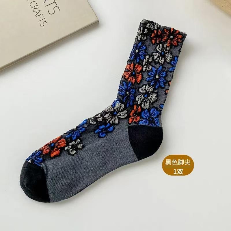 High-value Retro Flower Socks Medium Tube Socks Women's Literary Floral Ethnic Style Flower Mori Women's Cotton Socks