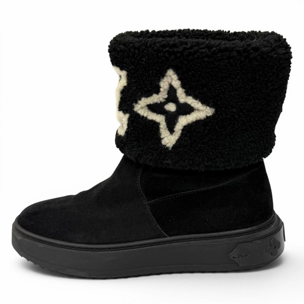 Great LOUIS VUITTON Boots Snowdrop Line LV Logo Shearling Black Mouton Women 35 Used