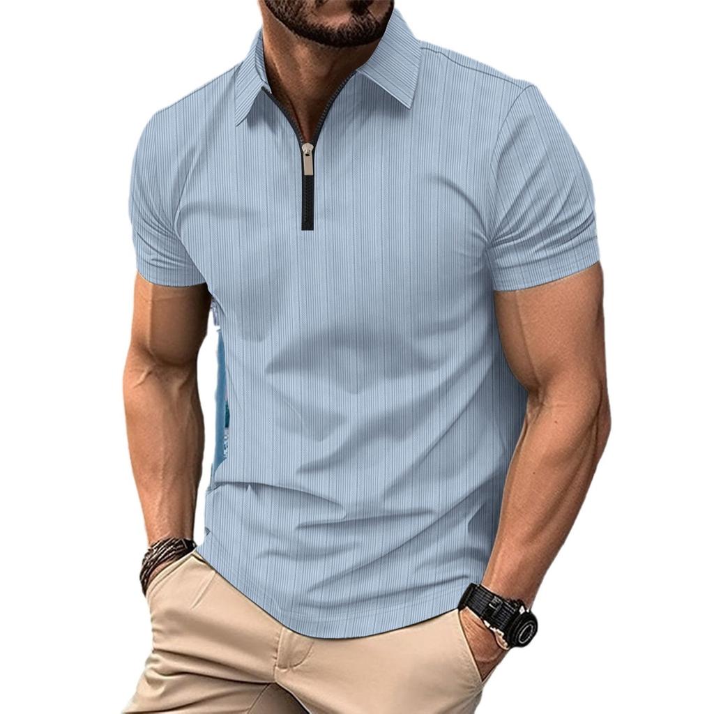 Fashion Men's New Solid Colour Textured Zip Short Sleeve T-Shirt Men's Tops