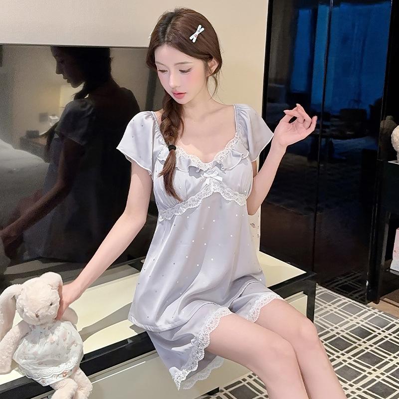 Vernis Pajamas Ice Silk Women's Summer High-end Texture Lace with Chest Pads, Sweet and Elegant Loungewear Set