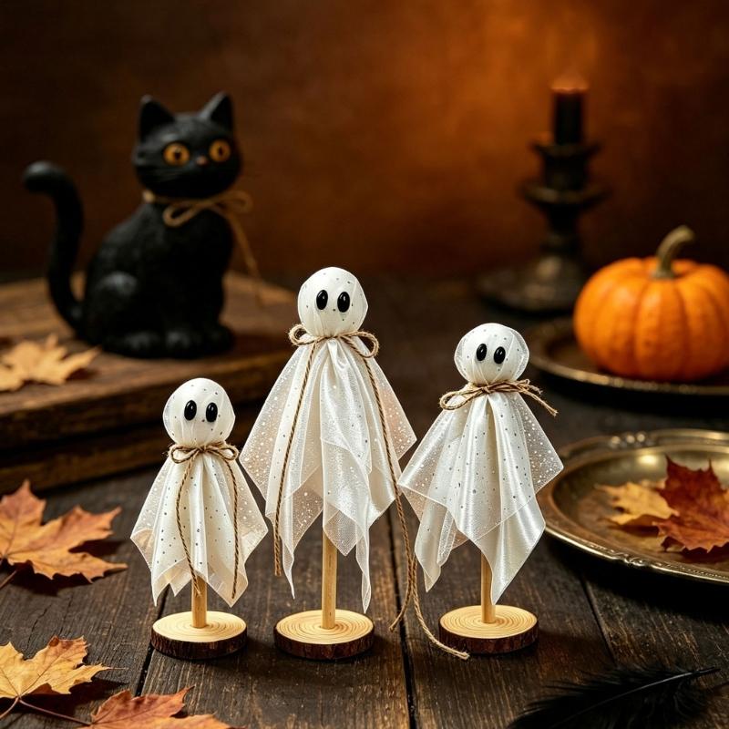 Reflective Fabric Halloween Spirit Figure Set, Three Standing Figures in Varied Sizes with Wooden Discs for Living Room, Entryway, and Office Displays