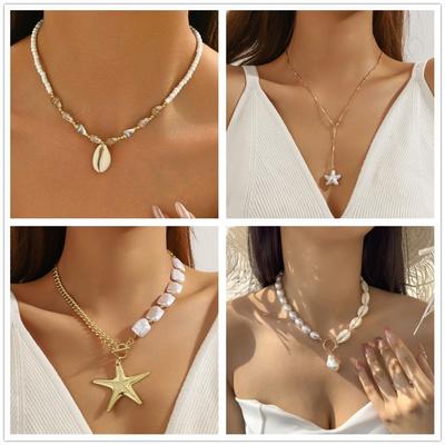 Exaggerated Personality Starfish Shells Pearl Beaded Pendant Necklace for Women Charm Summer Beach Vacation Collar Jewelry Gift