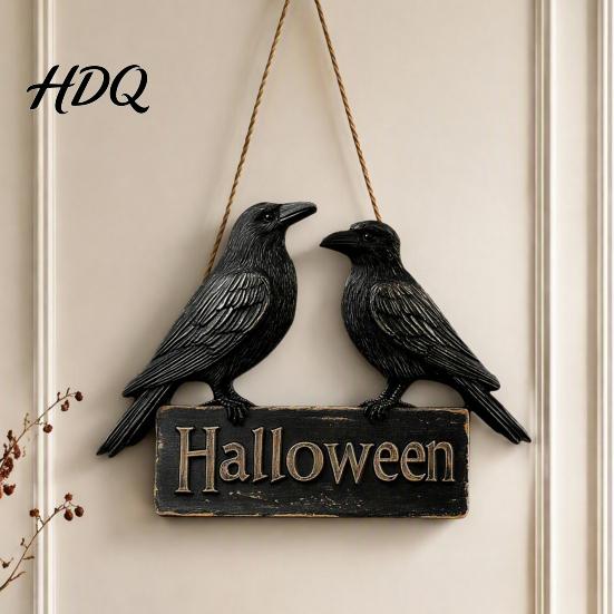 Creative Halloween Gifts Crow Welcome Sign for Front Door, Gothic Black Raven Wooden Wall Hanging Indoor Outdoor Door Hanger Plaque, 2D Flat