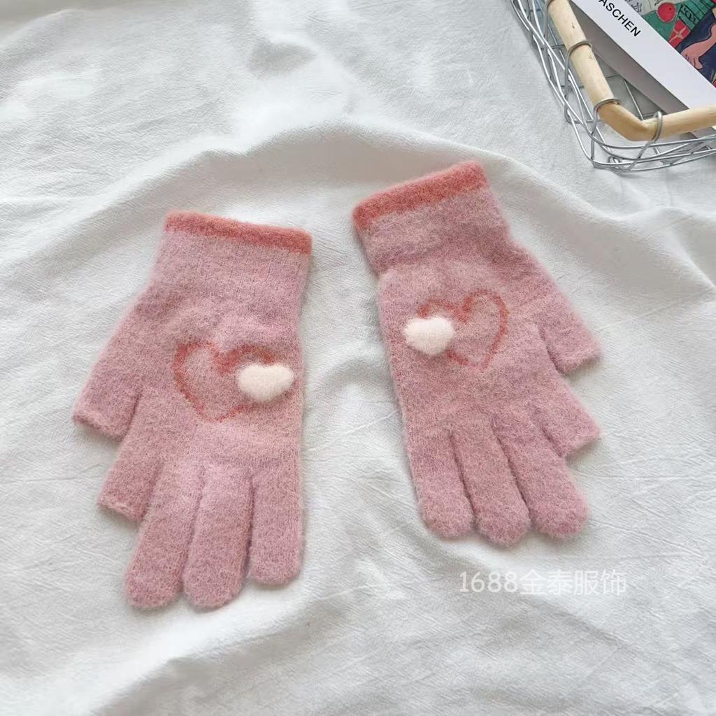 Love knitted gloves 25 autumn and winter new women's outdoor leakage 2 fingers to keep warm and cold, student finger touch screen gloves batch