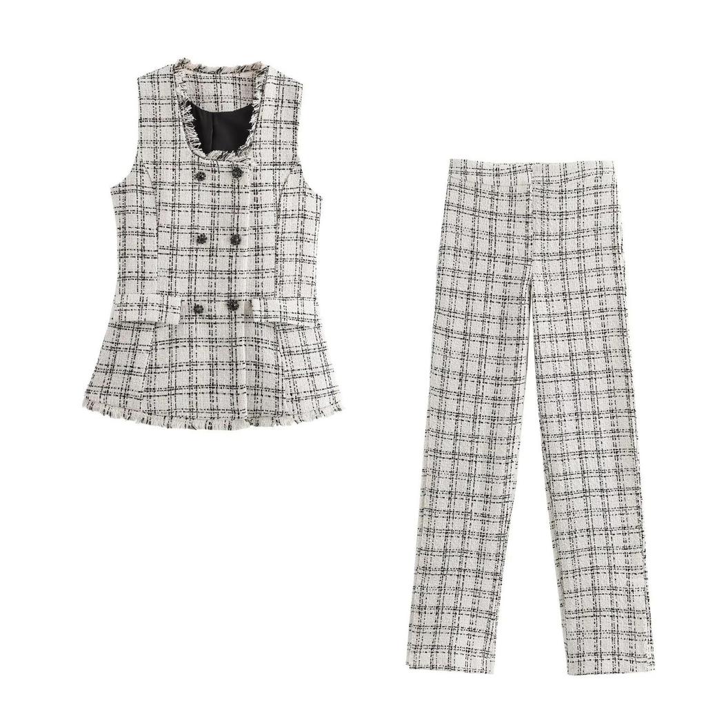 Autumn High Street Style Plaid Vest & High Waist Pants Set