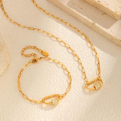 Fashion Accessories, Stainless Steel Square Chain Geometric Copper Zircon Necklace Gold Ladies, Jewelry