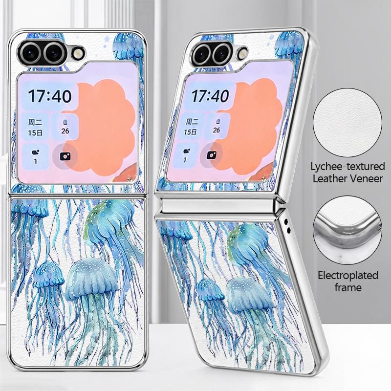Blues Fish Whale Ocean Phone Case For Samsung Galaxy Z FlIP 7 FE 6 5 Plating PC+PU Leather Hybrid Folding Cover For Samsung Z Flip7 Flip6 Flip5