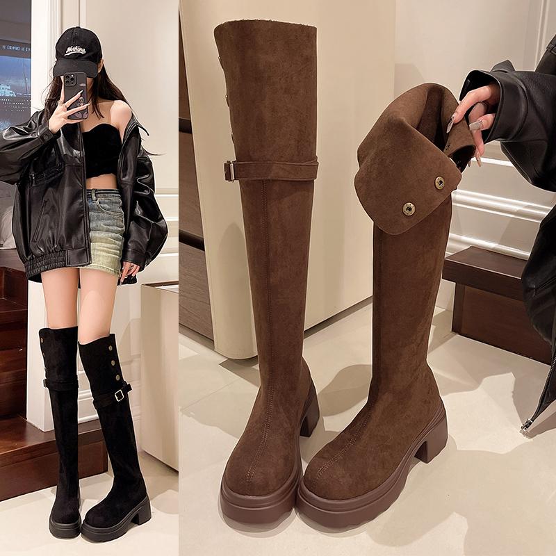 Fashion 2025 Autumn Fashion Suede Wear Thick-heels Women's The Knee Boot Retro Anti Slip Outdoor Knight Ladies Boots