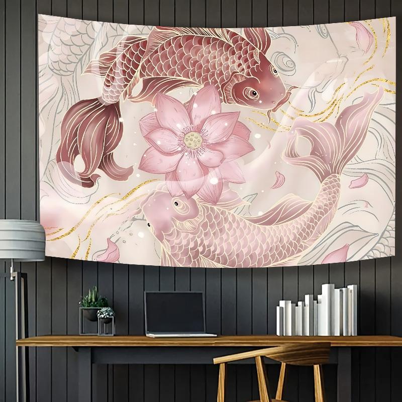 VIKAMA Koi and Lotus Tapestry New Chinese Style Living Room Tea Room Wall Hanging Zen-Inspired Room Decor